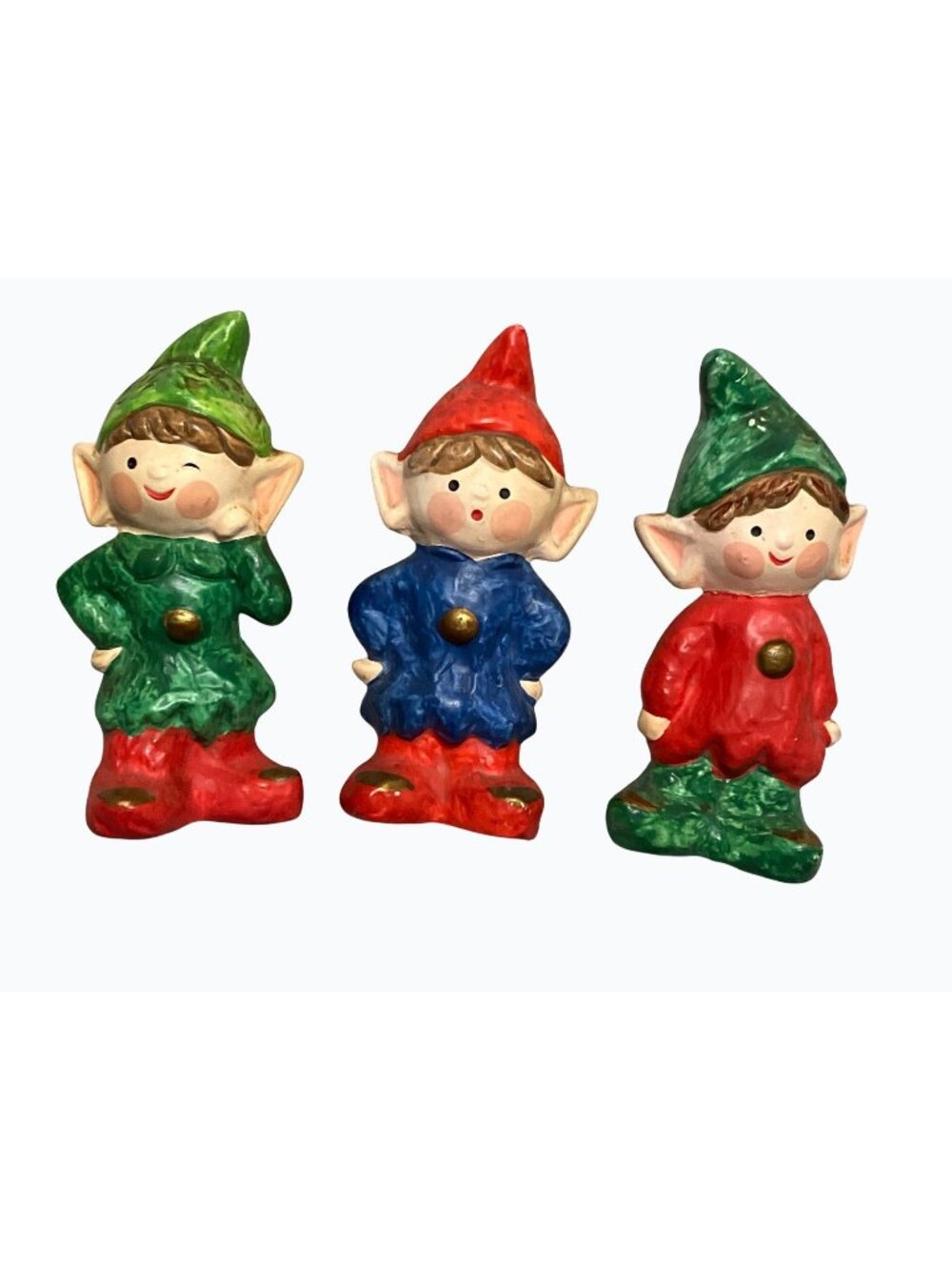 Ceramic Christmas Elf Figurines Hand-Painted Red Green Blue Holiday Decor vintag